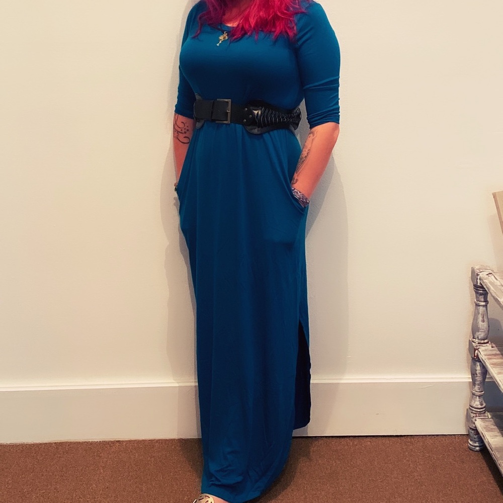 TEAL BLUE 3/4 sleeve maxi dress with pockets M L XL - Picture 5 of 7